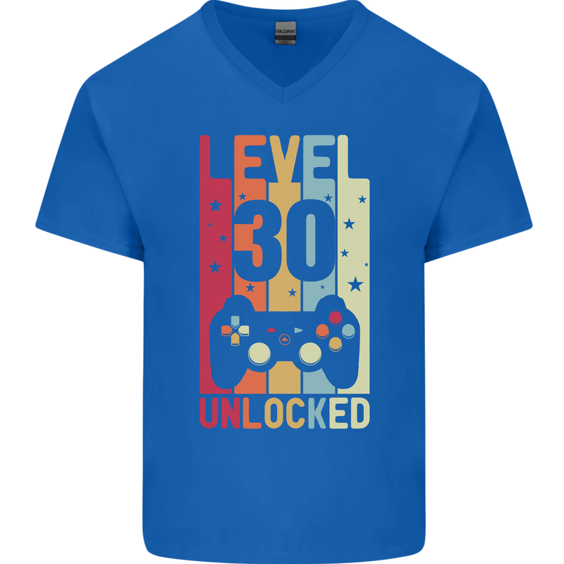 30th Birthday 30 Year Old Level Up Gamming Mens V-Neck Cotton T-Shirt Royal Blue