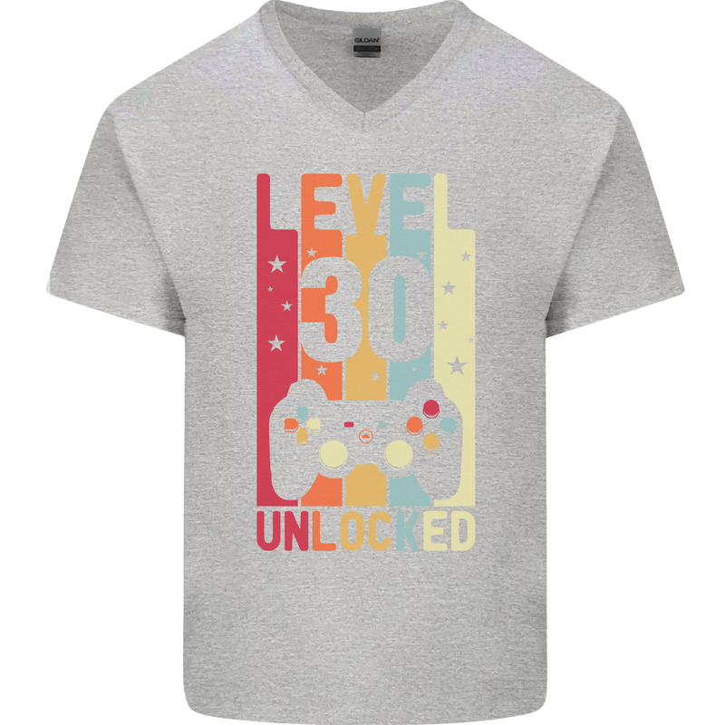 30th Birthday 30 Year Old Level Up Gamming Mens V-Neck Cotton T-Shirt Sports Grey