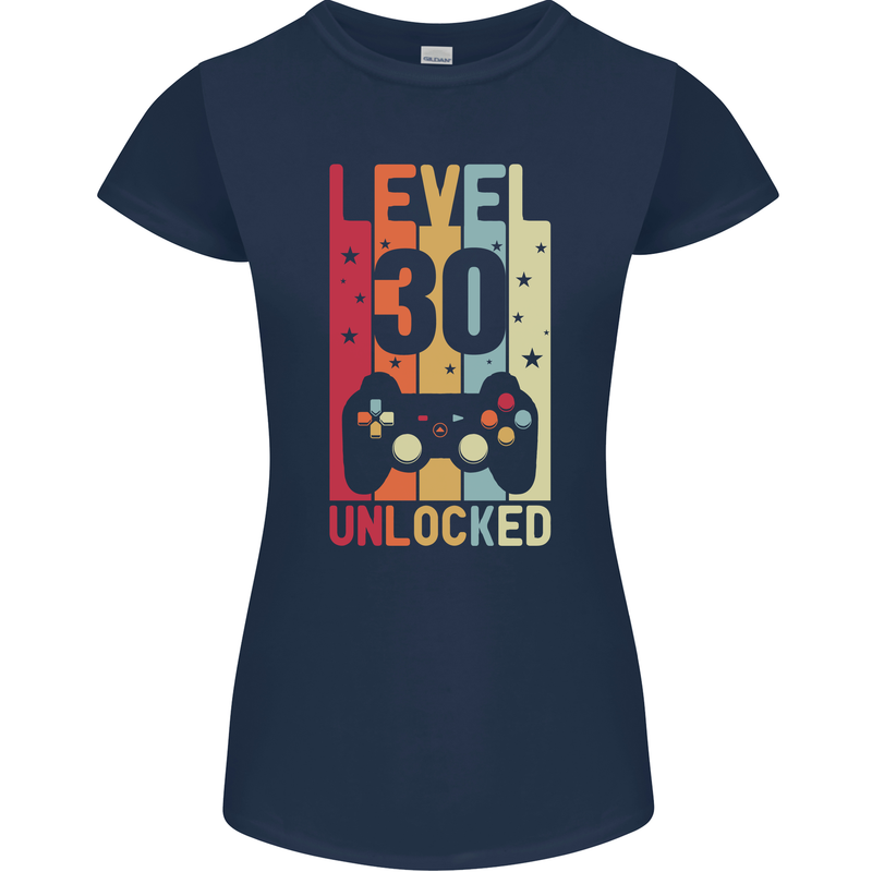 30th Birthday 30 Year Old Level Up Gamming Womens Petite Cut T-Shirt Navy Blue