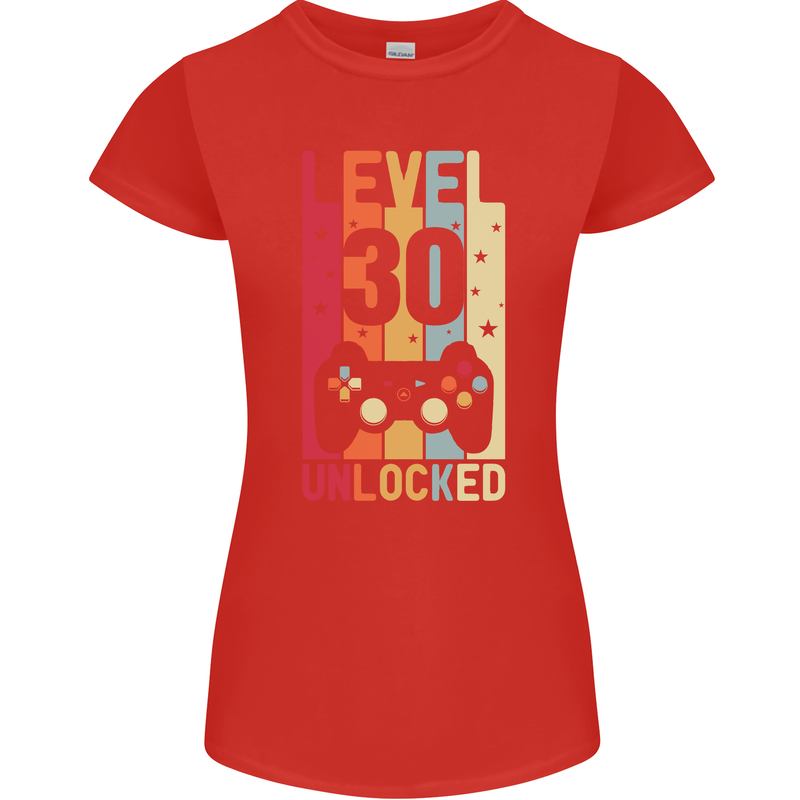 30th Birthday 30 Year Old Level Up Gamming Womens Petite Cut T-Shirt Red