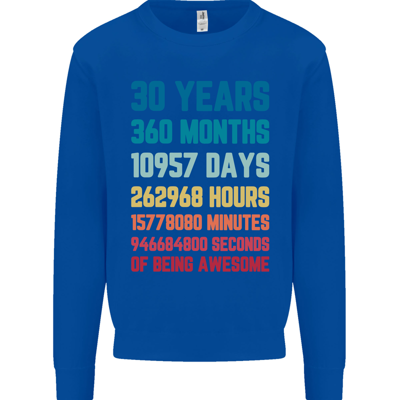30th Birthday 30 Year Old Mens Sweatshirt Jumper Royal Blue
