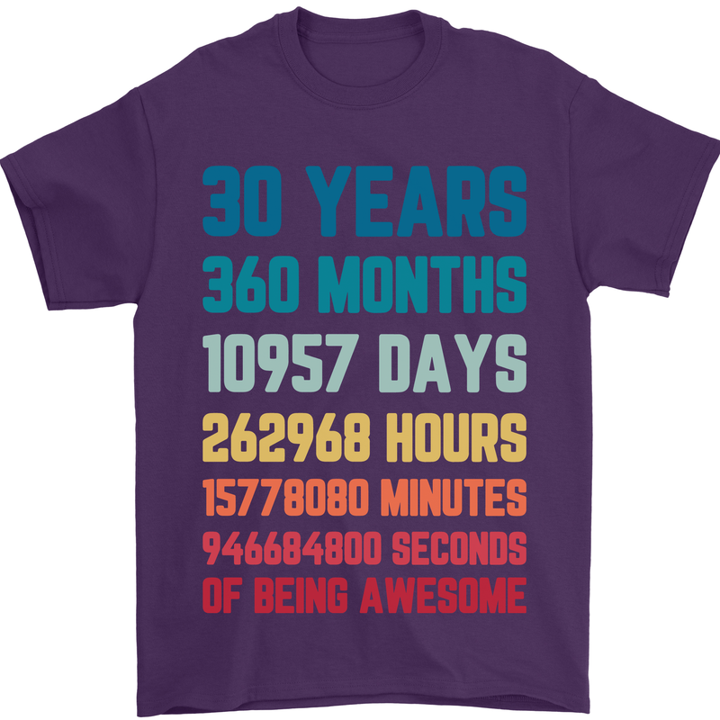 30th Birthday 30 Year Old Mens T-Shirt 100% Cotton Purple