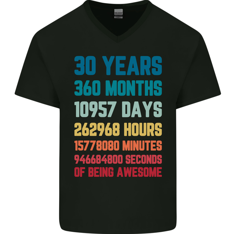 30th Birthday 30 Year Old Mens V-Neck Cotton T-Shirt Black