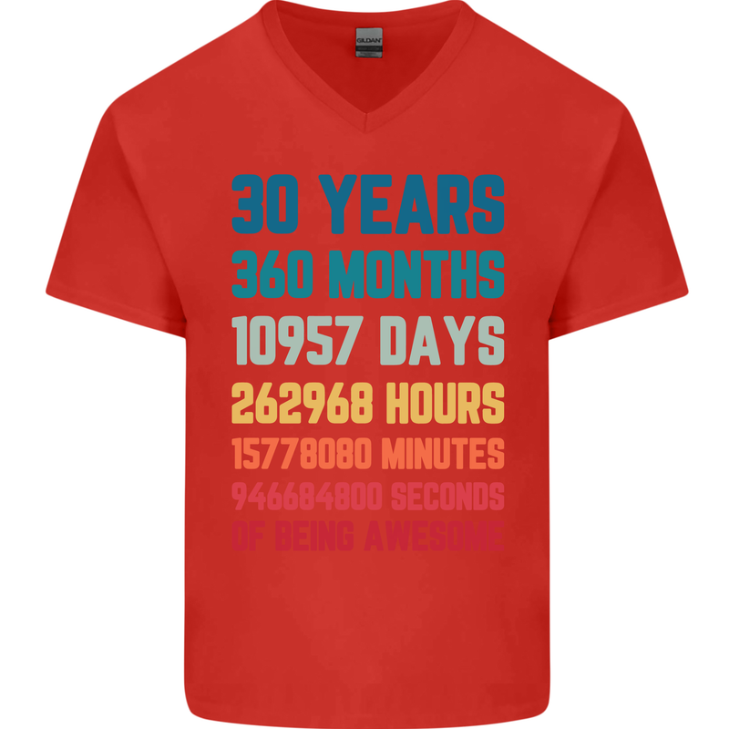 30th Birthday 30 Year Old Mens V-Neck Cotton T-Shirt Red