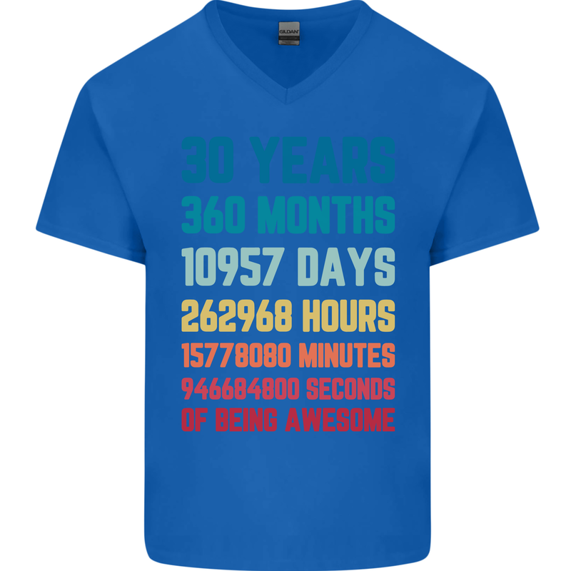 30th Birthday 30 Year Old Mens V-Neck Cotton T-Shirt Royal Blue