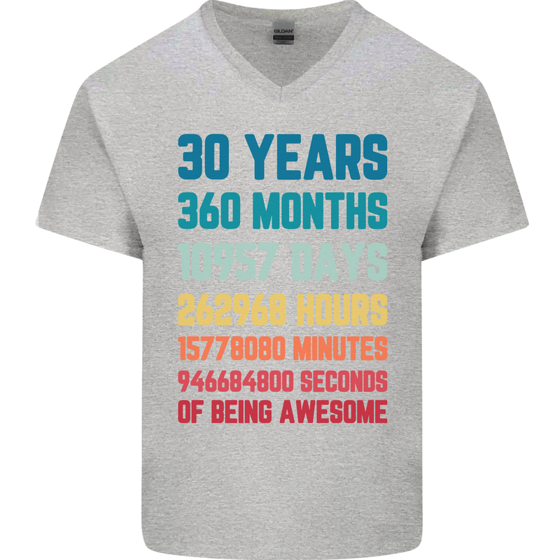 30th Birthday 30 Year Old Mens V-Neck Cotton T-Shirt Sports Grey
