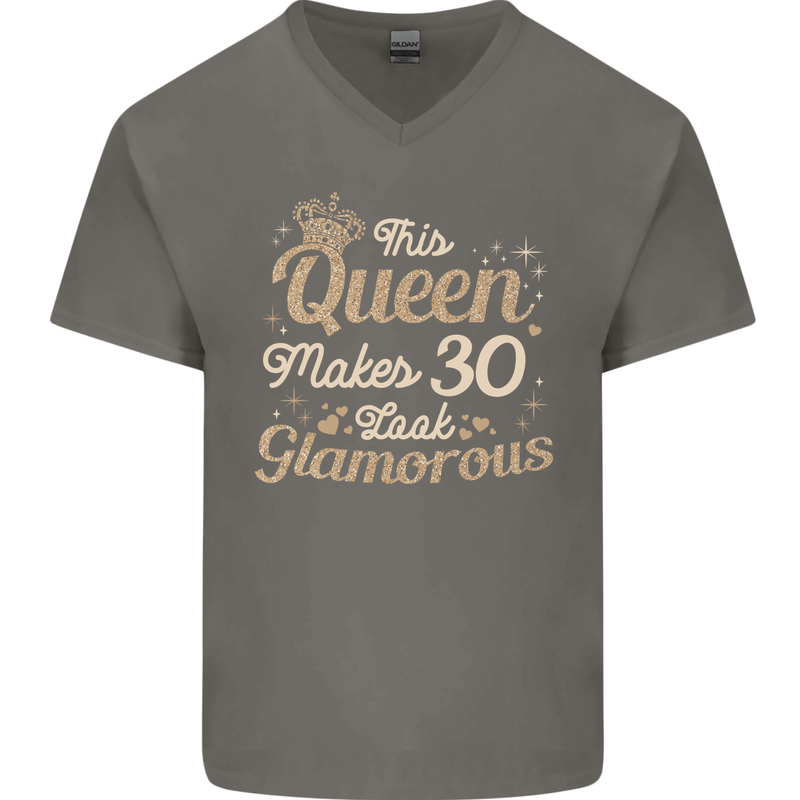 30th Birthday Queen Thirty Years Old 30 Mens V-Neck Cotton T-Shirt Charcoal