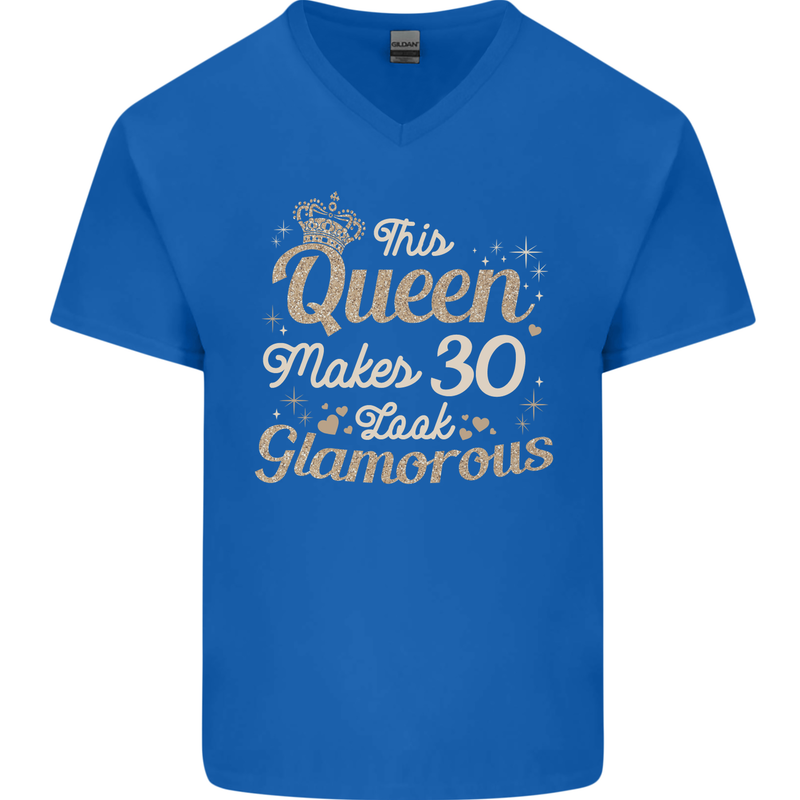 30th Birthday Queen Thirty Years Old 30 Mens V-Neck Cotton T-Shirt Royal Blue