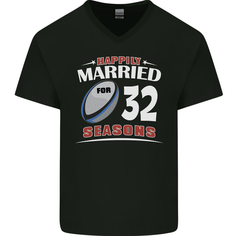 32 Year Wedding Anniversary 32nd Rugby Mens V-Neck Cotton T-Shirt Black