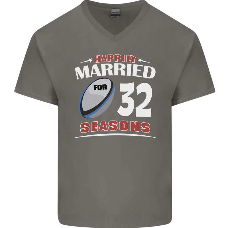 32 Year Wedding Anniversary 32nd Rugby Mens V-Neck Cotton T-Shirt Charcoal