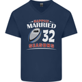 32 Year Wedding Anniversary 32nd Rugby Mens V-Neck Cotton T-Shirt Navy Blue