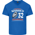 32 Year Wedding Anniversary 32nd Rugby Mens V-Neck Cotton T-Shirt Royal Blue