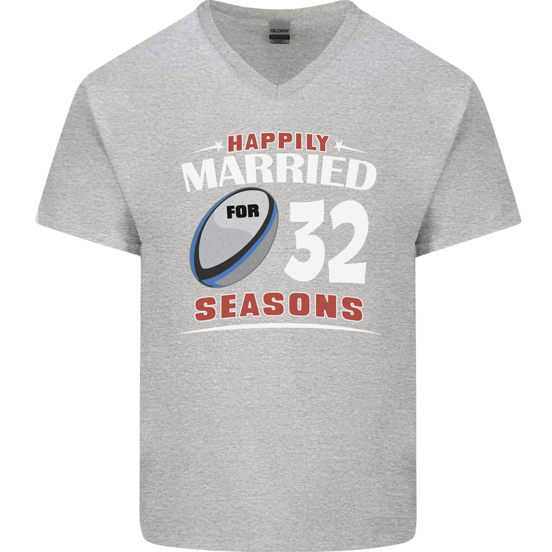 32 Year Wedding Anniversary 32nd Rugby Mens V-Neck Cotton T-Shirt Sports Grey