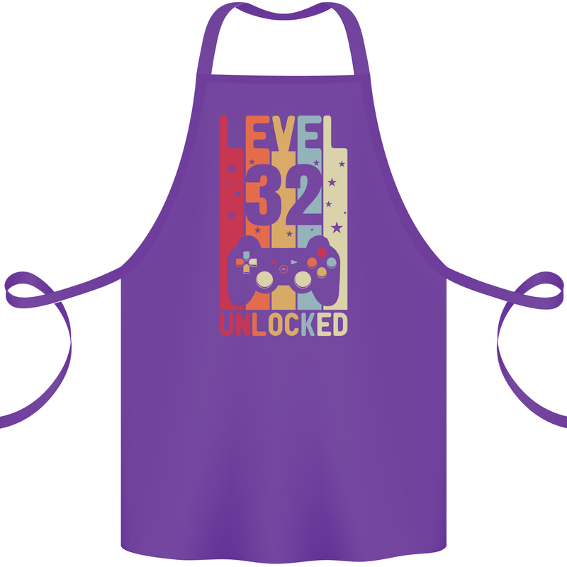 32nd Birthday 32 Year Old Level Up Gamming Cotton Apron 100% Organic Purple