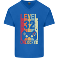32nd Birthday 32 Year Old Level Up Gamming Mens V-Neck Cotton T-Shirt Royal Blue