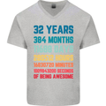 32nd Birthday 32 Year Old Mens V-Neck Cotton T-Shirt Sports Grey