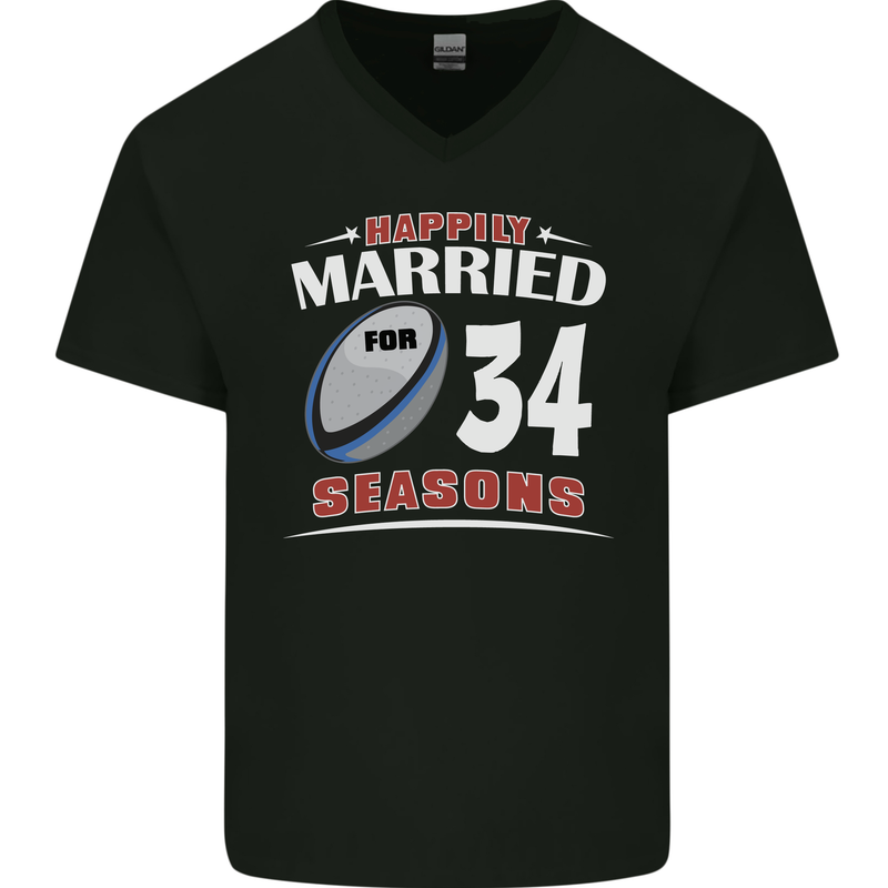 34 Year Wedding Anniversary 34th Rugby Mens V-Neck Cotton T-Shirt Black
