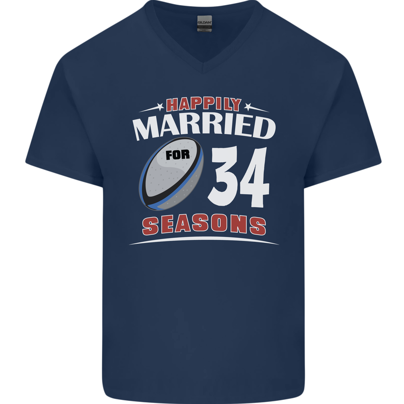 34 Year Wedding Anniversary 34th Rugby Mens V-Neck Cotton T-Shirt Navy Blue