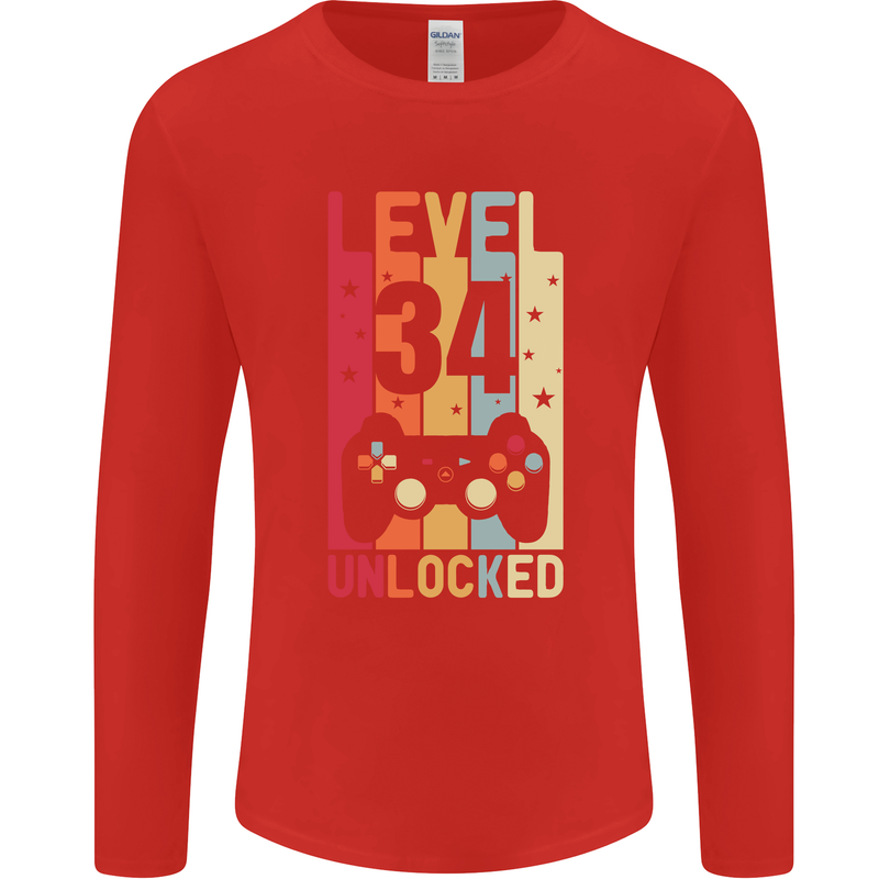 34th Birthday 34 Year Old Level Up Gamming Mens Long Sleeve T-Shirt Red