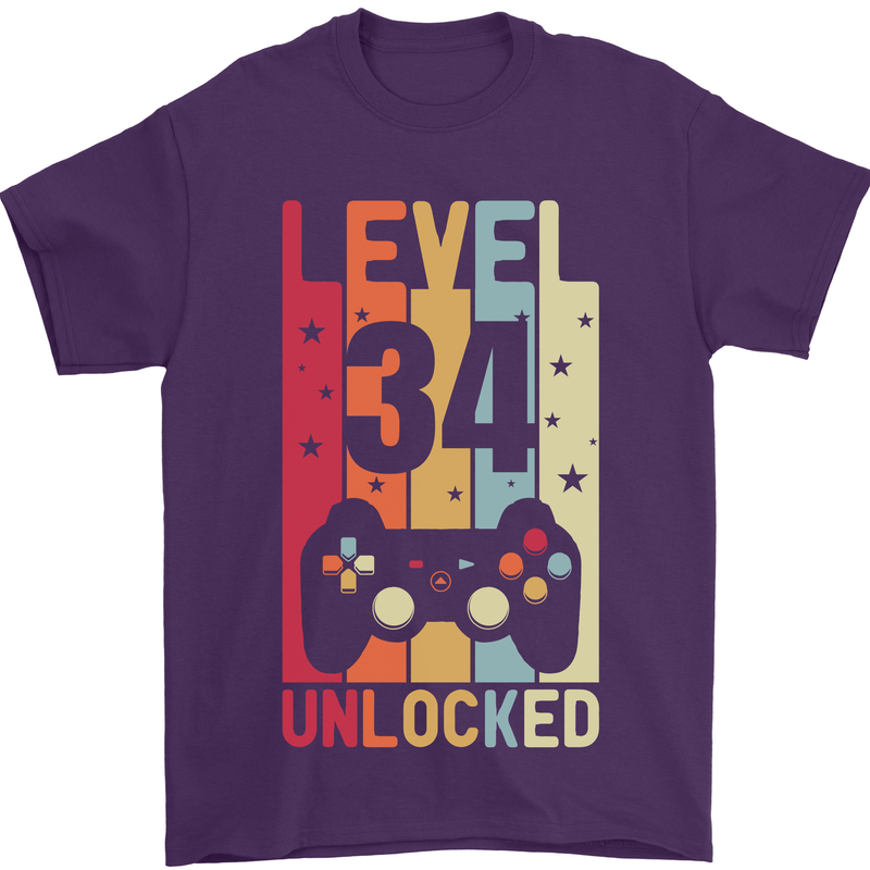 34th Birthday 34 Year Old Level Up Gamming Mens T-Shirt 100% Cotton Purple