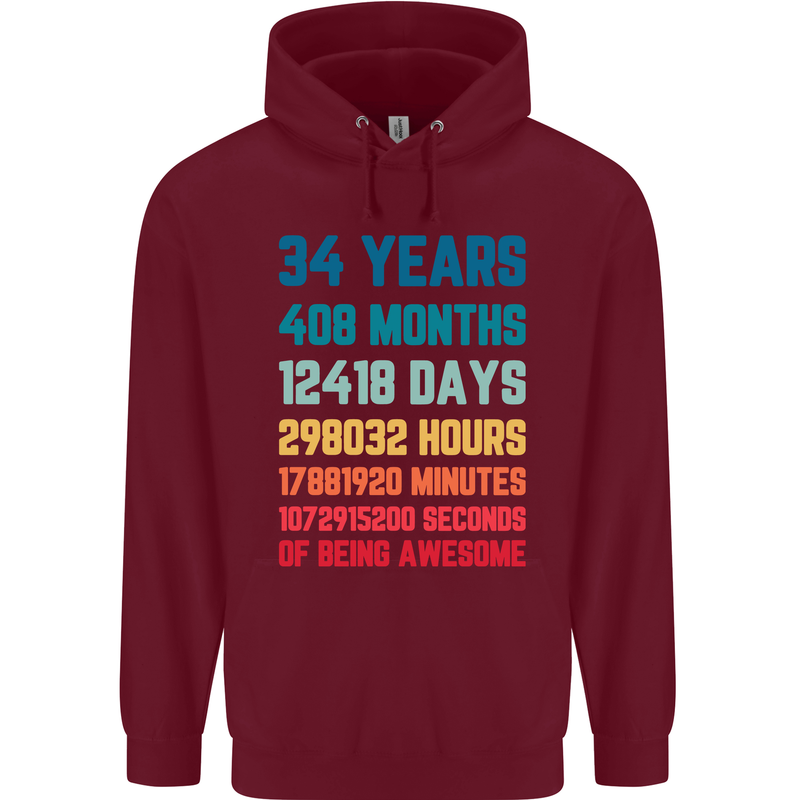 34th Birthday 34 Year Old Mens 80% Cotton Hoodie Maroon