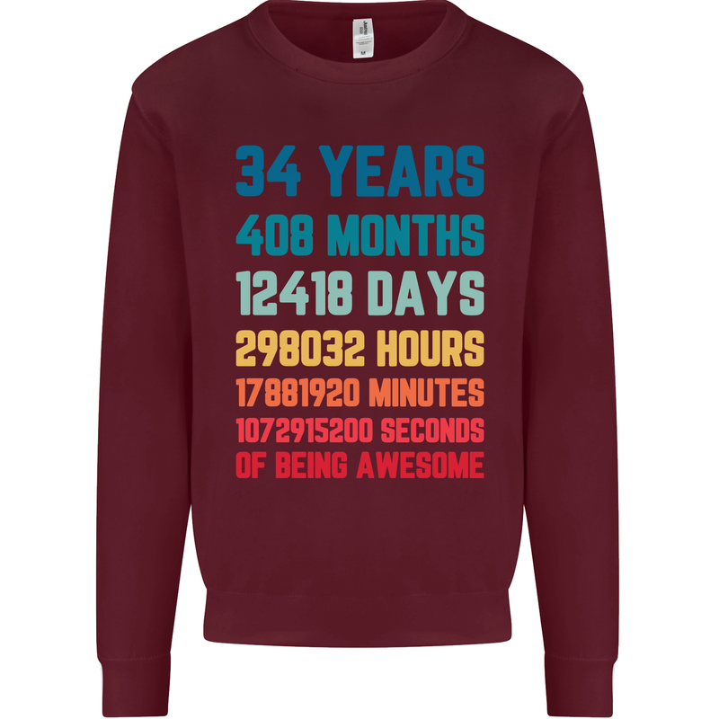 34th Birthday 34 Year Old Mens Sweatshirt Jumper Maroon