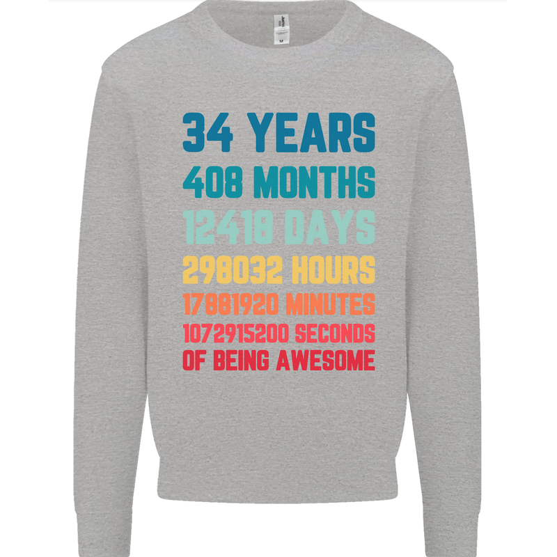 34th Birthday 34 Year Old Mens Sweatshirt Jumper Sports Grey