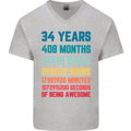 34th Birthday 34 Year Old Mens V-Neck Cotton T-Shirt Sports Grey