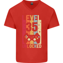 35th Birthday 35 Year Old Level Up Gamming Mens V-Neck Cotton T-Shirt Red