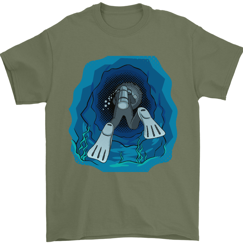 3D Scuba Diver Diving Mens T-Shirt Cotton Gildan Military Green