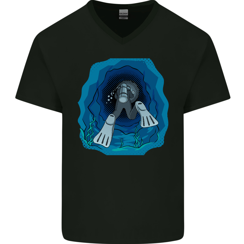 3D Scuba Diver Diving Mens V-Neck Cotton T-Shirt Black