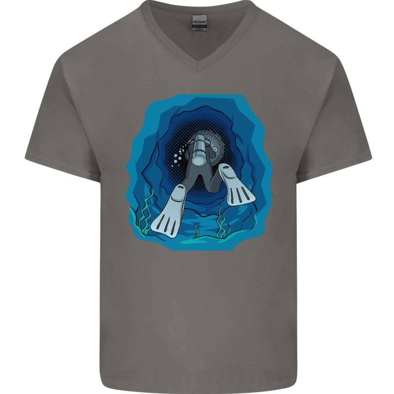 3D Scuba Diver Diving Mens V-Neck Cotton T-Shirt Charcoal