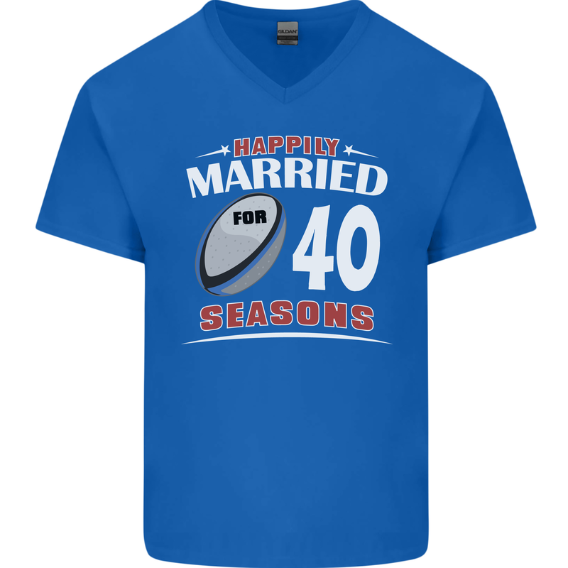 40 Year Wedding Anniversary 40th Rugby Mens V-Neck Cotton T-Shirt Royal Blue