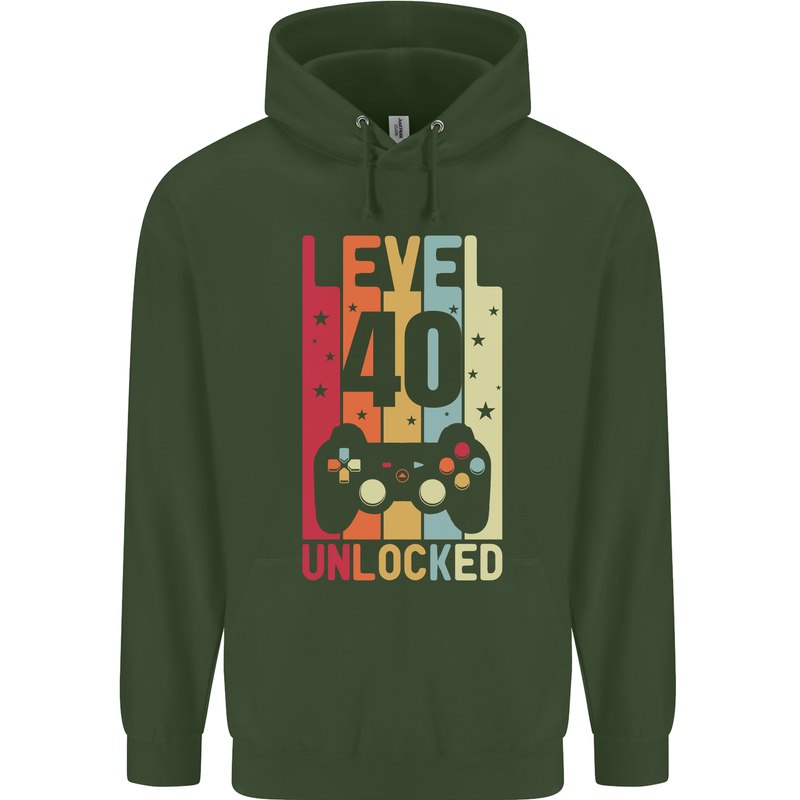 40th Birthday 40 Year Old Level Up Gamming Mens 80% Cotton Hoodie Forest Green