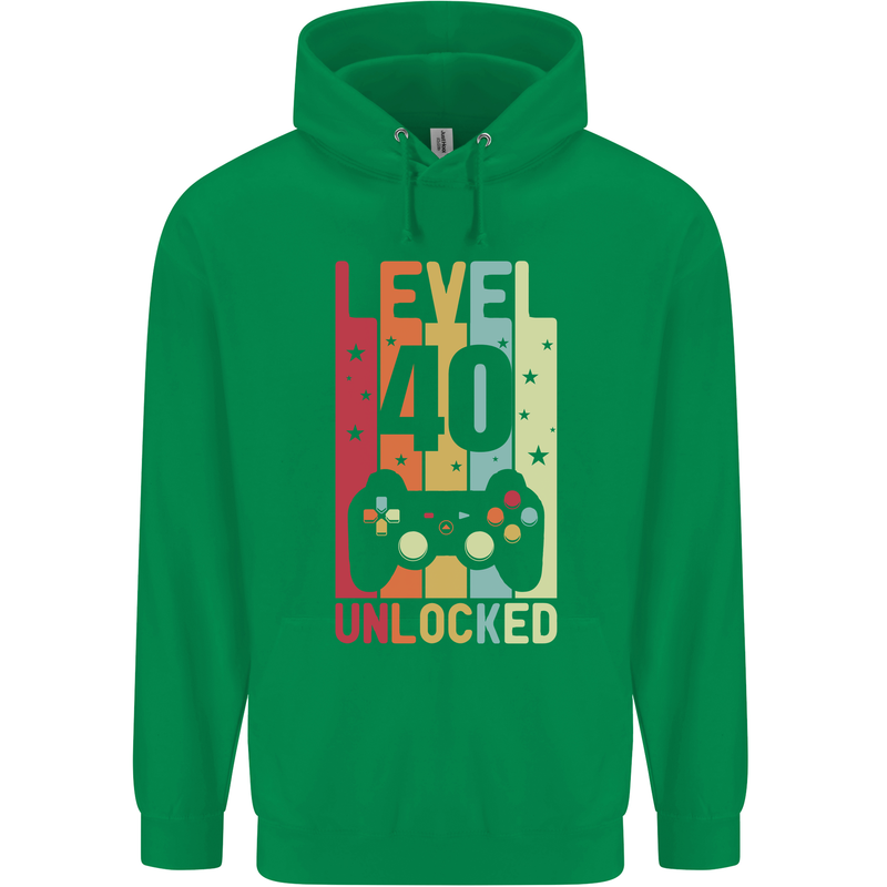40th Birthday 40 Year Old Level Up Gamming Mens 80% Cotton Hoodie Irish Green