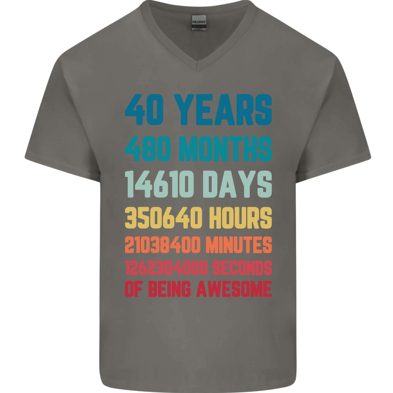 40th Birthday 40 Year Old Mens V-Neck Cotton T-Shirt Charcoal