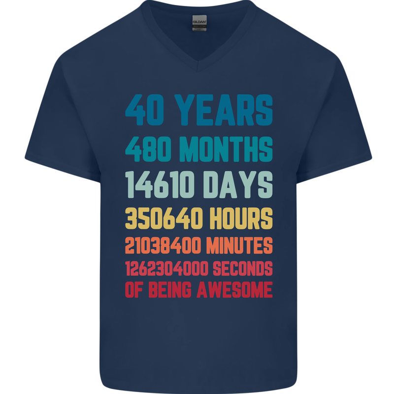40th Birthday 40 Year Old Mens V-Neck Cotton T-Shirt Navy Blue