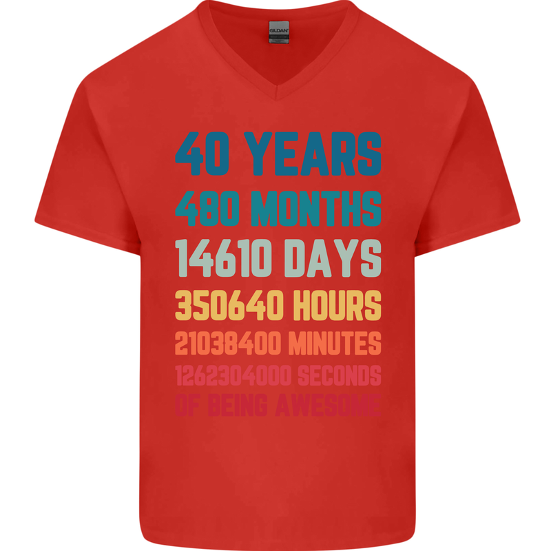 40th Birthday 40 Year Old Mens V-Neck Cotton T-Shirt Red