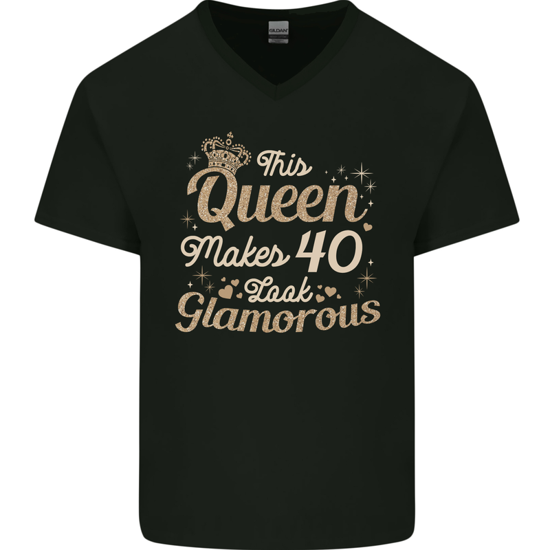 40th Birthday Queen Forty Years Old 40 Mens V-Neck Cotton T-Shirt Black