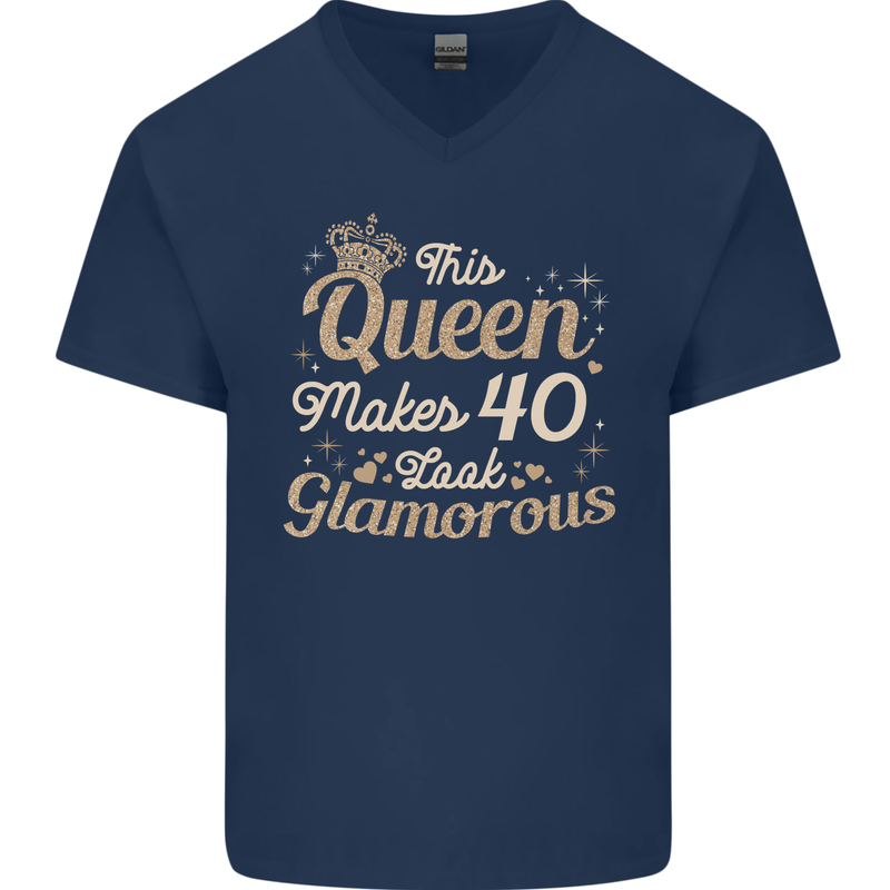 40th Birthday Queen Forty Years Old 40 Mens V-Neck Cotton T-Shirt Navy Blue