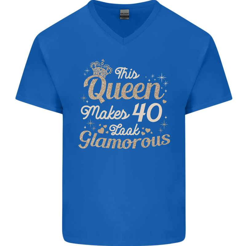 40th Birthday Queen Forty Years Old 40 Mens V-Neck Cotton T-Shirt Royal Blue