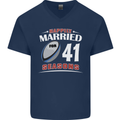 41 Year Wedding Anniversary 41st Rugby Mens V-Neck Cotton T-Shirt Navy Blue