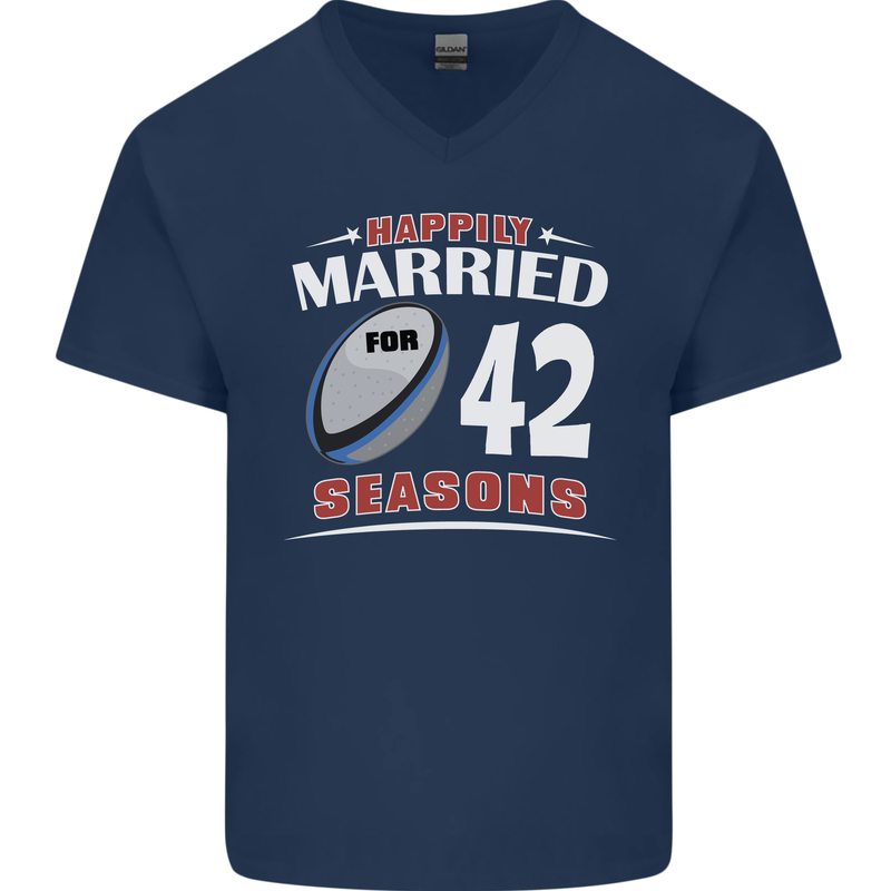 42 Year Wedding Anniversary 42nd Rugby Mens V-Neck Cotton T-Shirt Navy Blue