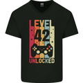 42nd Birthday 42 Year Old Level Up Gamming Mens V-Neck Cotton T-Shirt Black