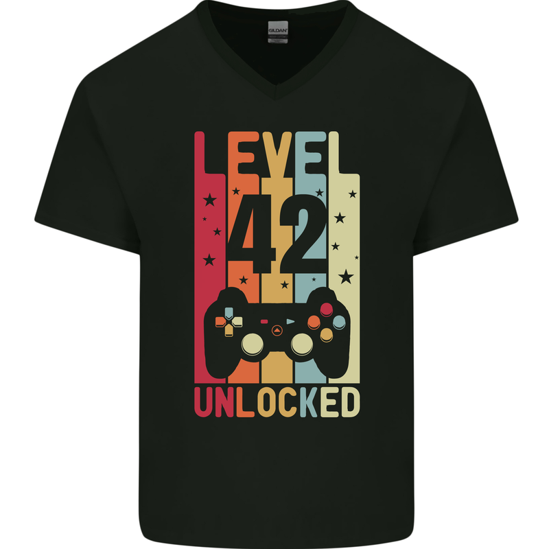 42nd Birthday 42 Year Old Level Up Gamming Mens V-Neck Cotton T-Shirt Black