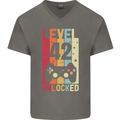 42nd Birthday 42 Year Old Level Up Gamming Mens V-Neck Cotton T-Shirt Charcoal