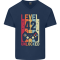 42nd Birthday 42 Year Old Level Up Gamming Mens V-Neck Cotton T-Shirt Navy Blue