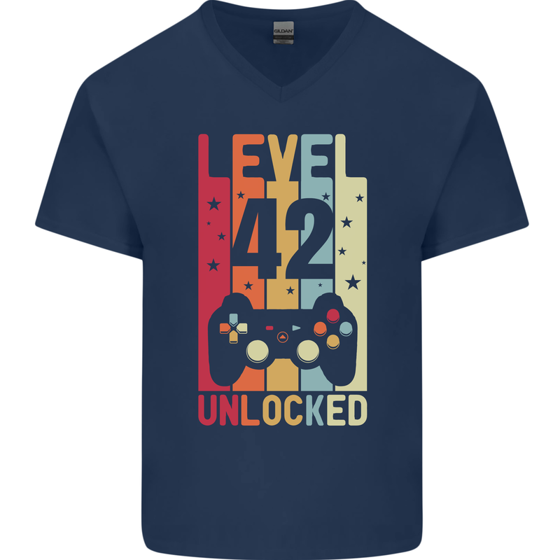 42nd Birthday 42 Year Old Level Up Gamming Mens V-Neck Cotton T-Shirt Navy Blue