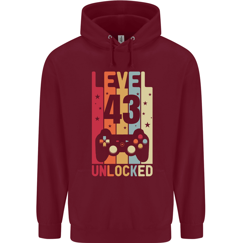 43rd Birthday 43 Year Old Level Up Gamming Mens 80% Cotton Hoodie Maroon
