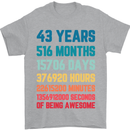 43rd Birthday 43 Year Old Mens T-Shirt 100% Cotton Sports Grey